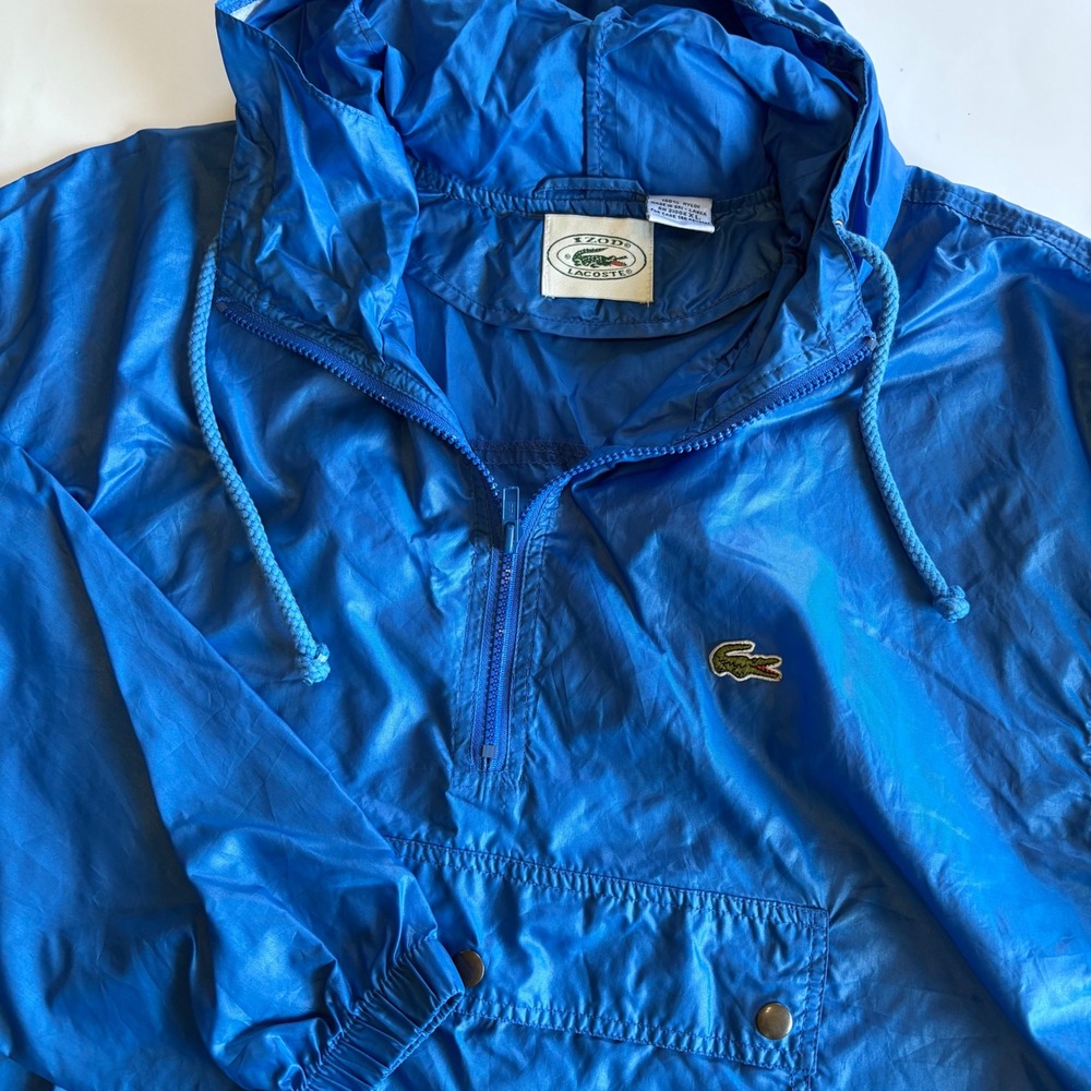 Vintage Izod Lacoste Mens XL Blue Nylon Anorak Windbreaker Pullover Hooded